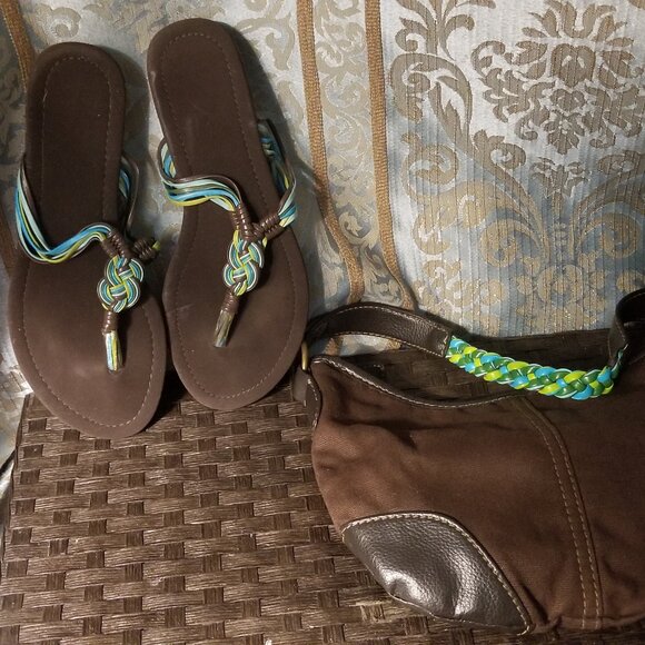 Brown Sandals and Bag Set with Braided Accents - Picture 1 of 4